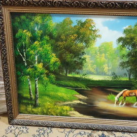 Картина "Лошадь у воды", масло на фанере, А. Лычковская, размер полотна 88х50 см. Скол на рамке. Картинка 12